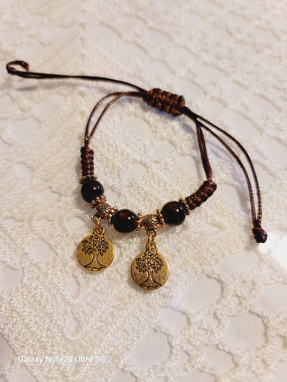 Adjustable Brown Cord Bracelet with Color Gold Tree of Life Charms